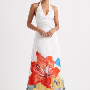 Elegant Halter-Neck Low-Back Flowing Maxi Dress