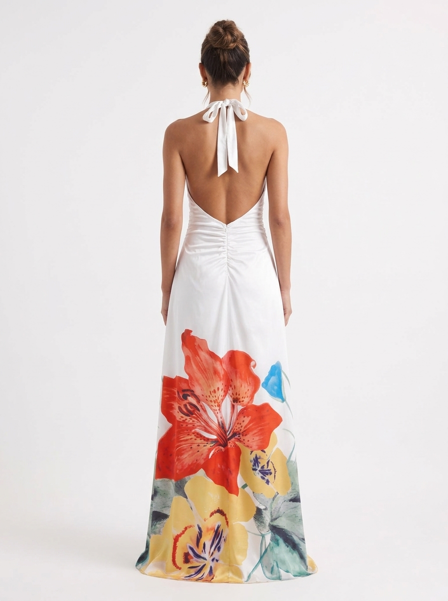 Elegant Halter-Neck Low-Back Flowing Maxi Dress - Image 2