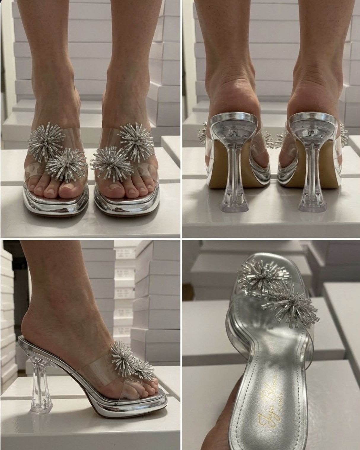 Square-Toe Crystal Bow Stiletto Mules Slender High-Heel Rhinestone Pom-Pom Mules - Image 4