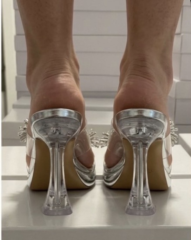 Square-Toe Crystal Bow Stiletto Mules Slender High-Heel Rhinestone Pom-Pom Mules - Image 3