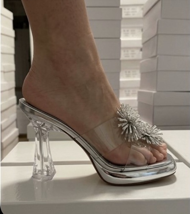 Square-Toe Crystal Bow Stiletto Mules Slender High-Heel Rhinestone Pom-Pom Mules - Image 2