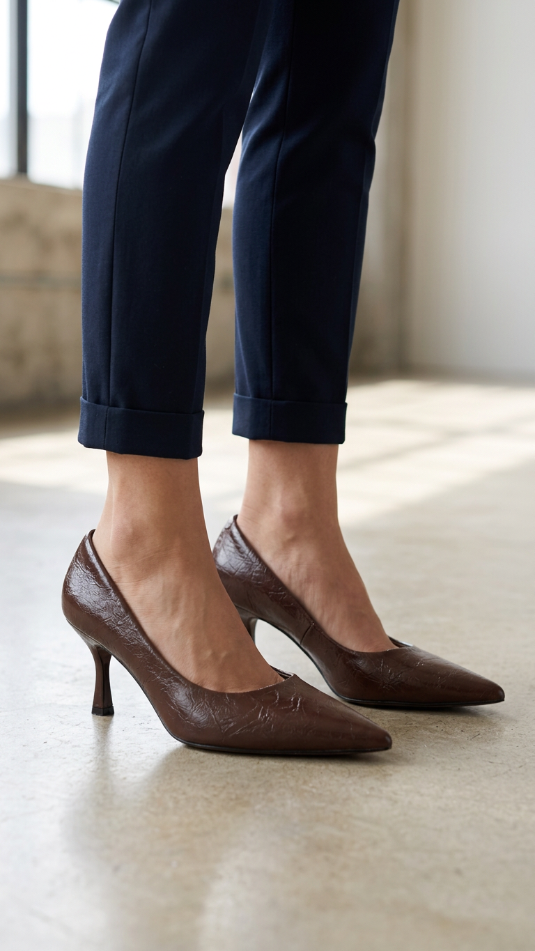 Sharp Pointed-Toe Croc-Effect Heels Almond Pointed-Toe Low Kitten-Heel - Image 2