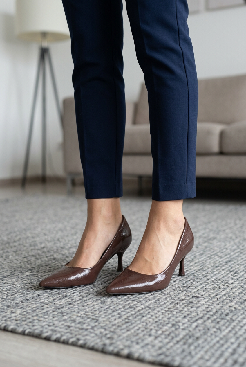 Sharp Pointed-Toe Croc-Effect Heels Almond Pointed-Toe Low Kitten-Heel - Image 3