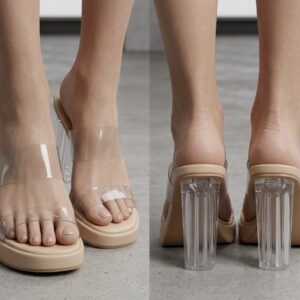 Round-Toe Clear Strap Mule Heels Clear Sculpted Heel Open-Toe Mules