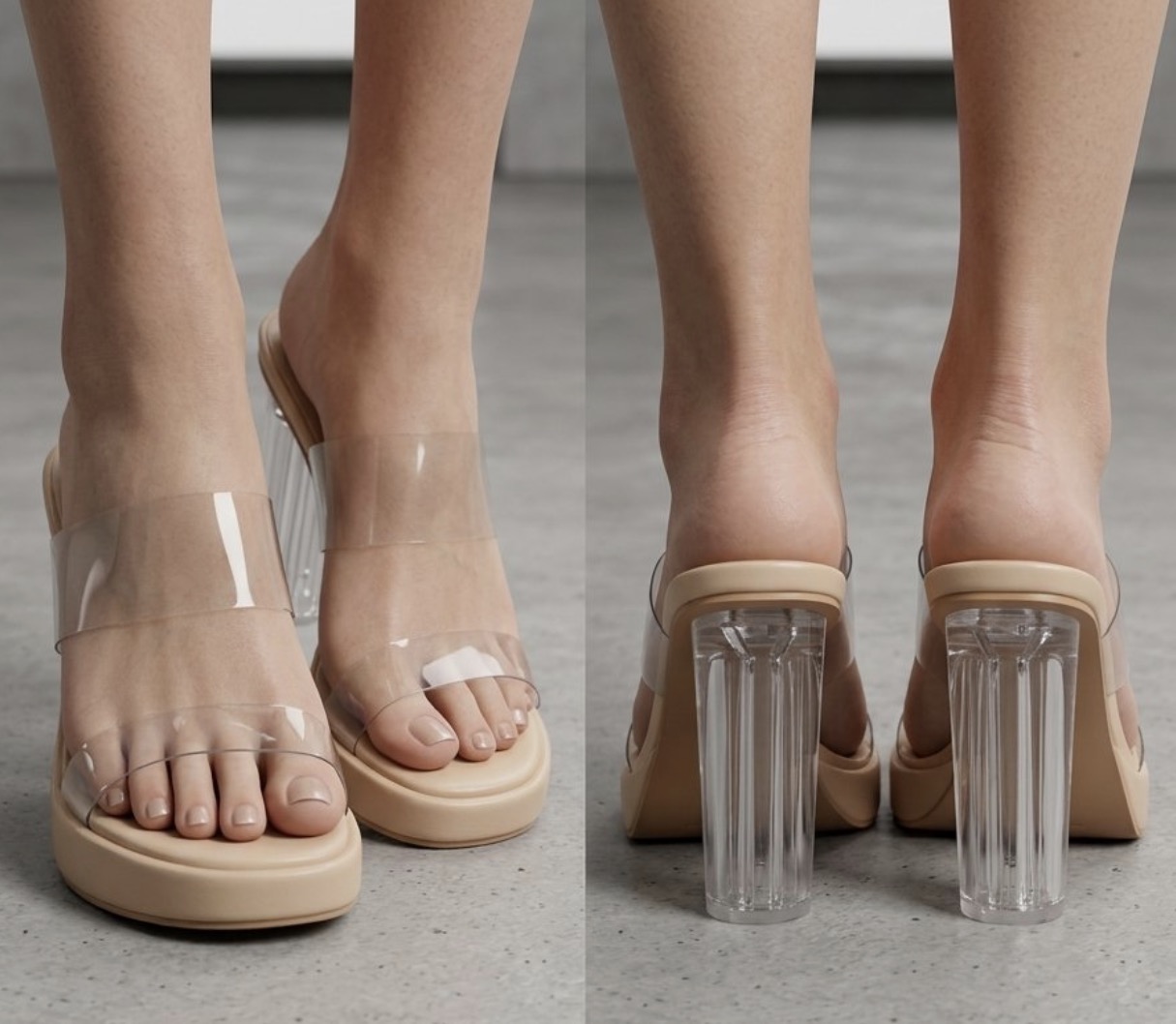 Round-Toe Clear Strap Mule Heels Clear Sculpted Heel Open-Toe Mules