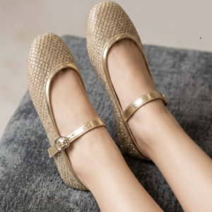 Square-Toe Mary Jane Flats Mary Jane Ballerinas Metallic Trim Ballet Flats Flat-Sole Square-Toe