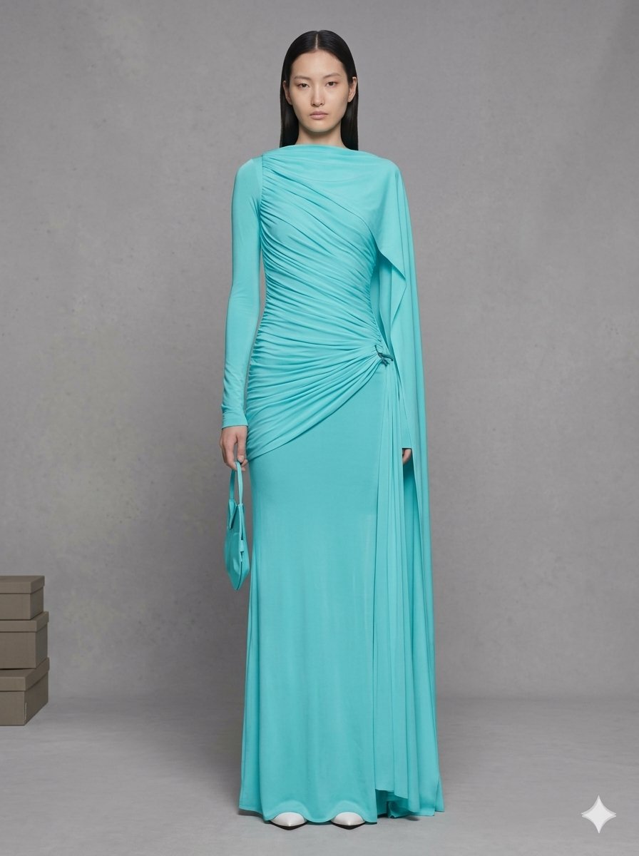 The Seraphina Asymmetric Gathered Cape Maxi Gown