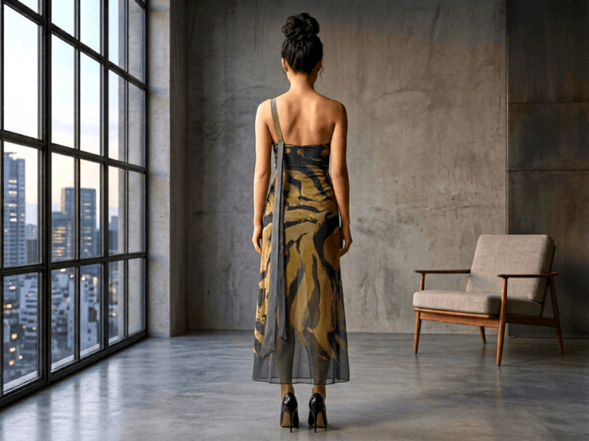 The Obsidian & Ochre Abstract Asymmetric Maxi Dress - Image 2