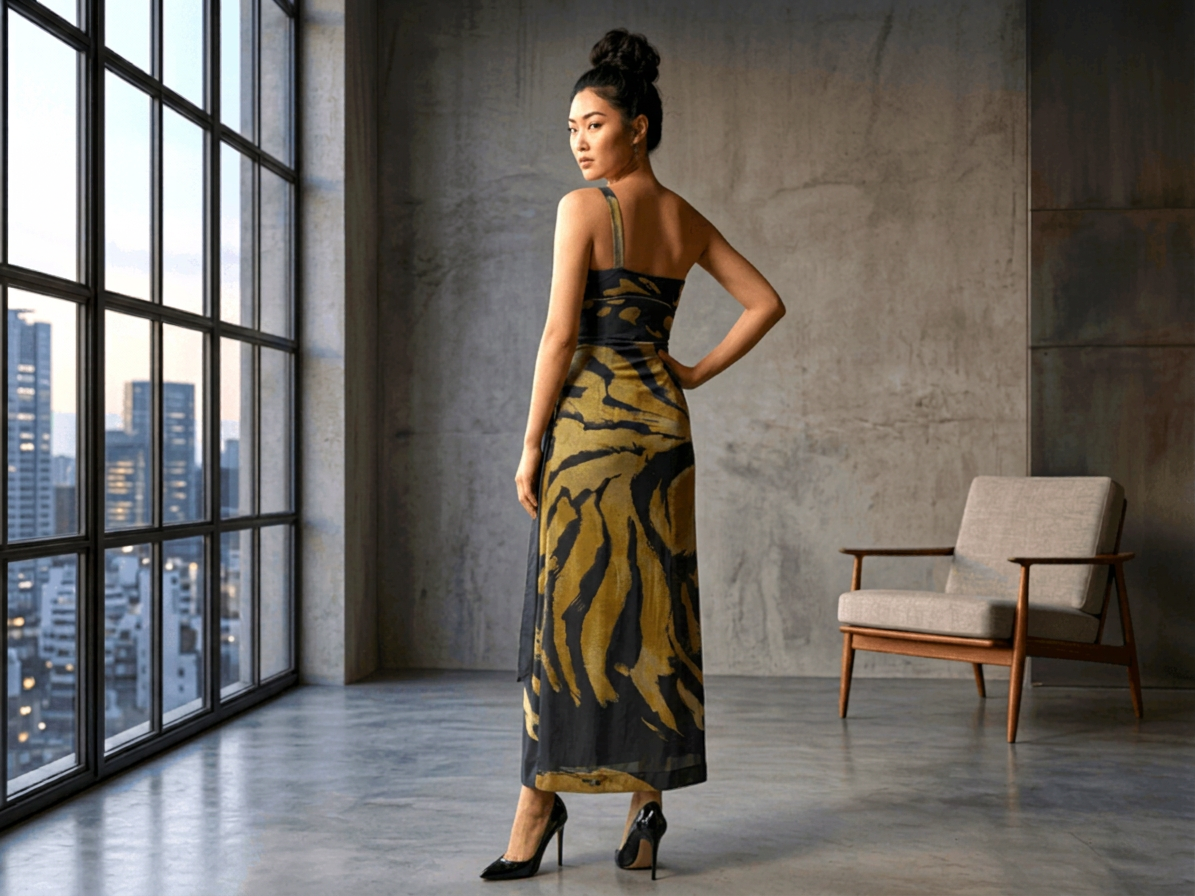 The Obsidian & Ochre Abstract Asymmetric Maxi Dress - Image 3