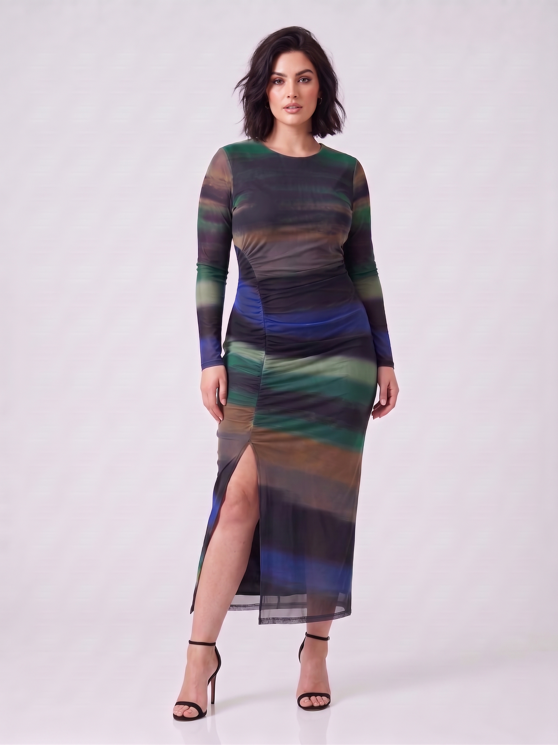 Avec Les Filles Printed Mesh Ruched Maxi Dress
