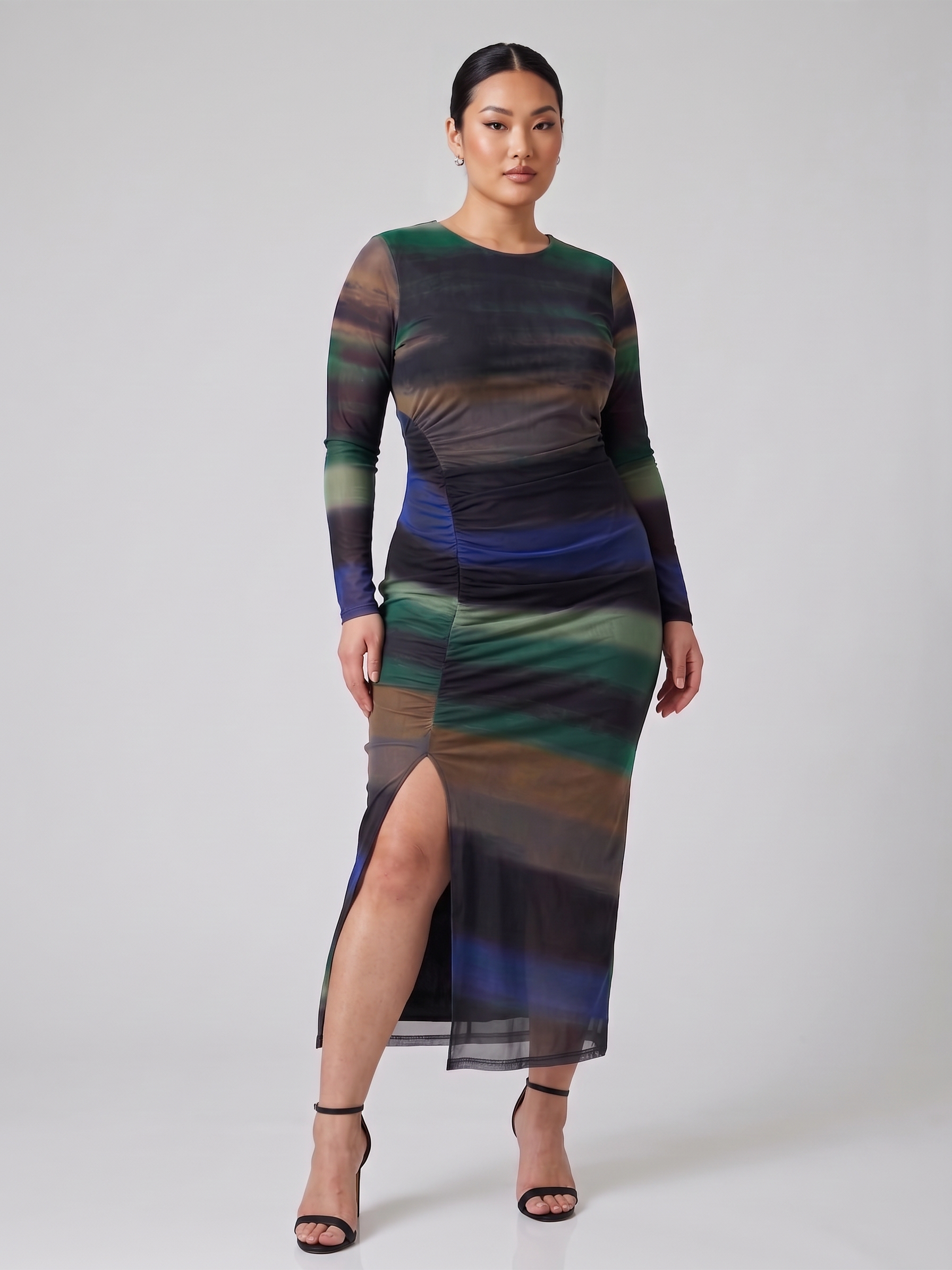 Avec Les Filles Printed Mesh Ruched Maxi Dress - Image 3