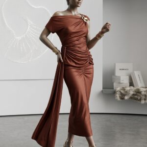 The Terracotta Asymmetric Brooch Maxi Dress