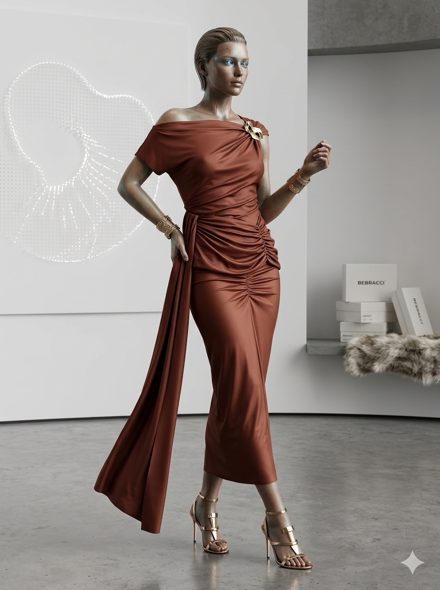 The Terracotta Asymmetric Brooch Maxi Dress