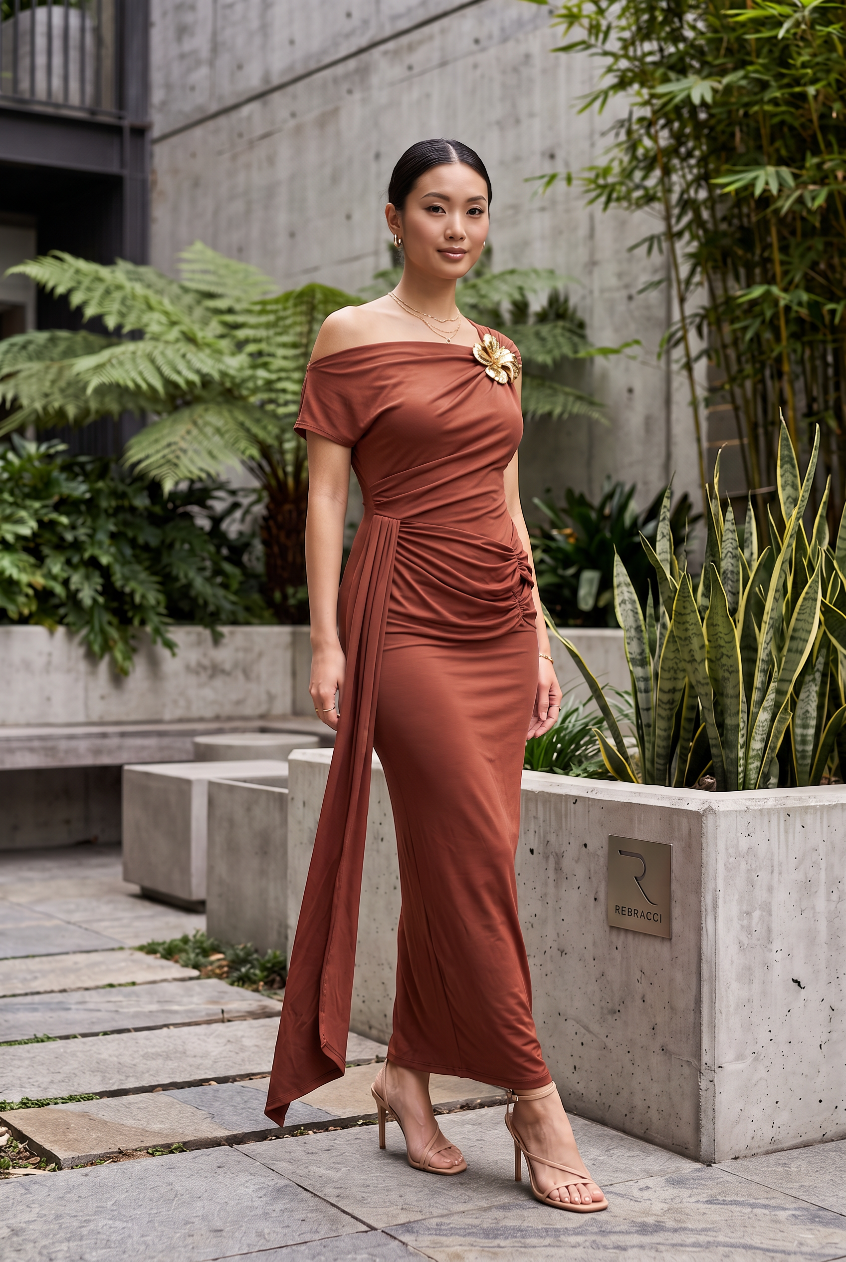 The Terracotta Asymmetric Brooch Maxi Dress - Image 2