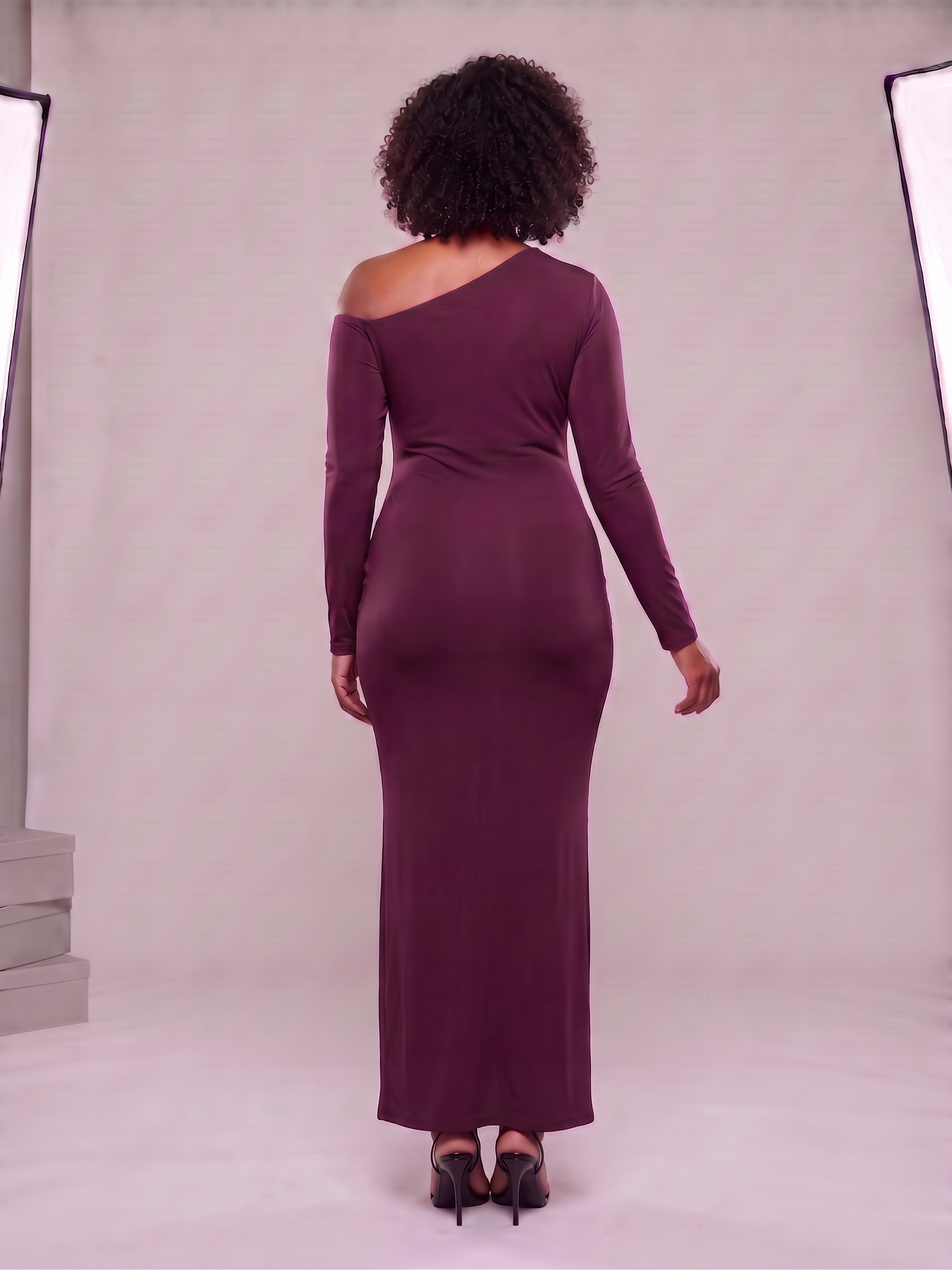 Club L London Clover Burgundy Asymmetric-Neck Wrapped Maxi Dress With Sash - Image 2
