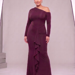Club L London Clover Burgundy Asymmetric-Neck Wrapped Maxi Dress With Sash