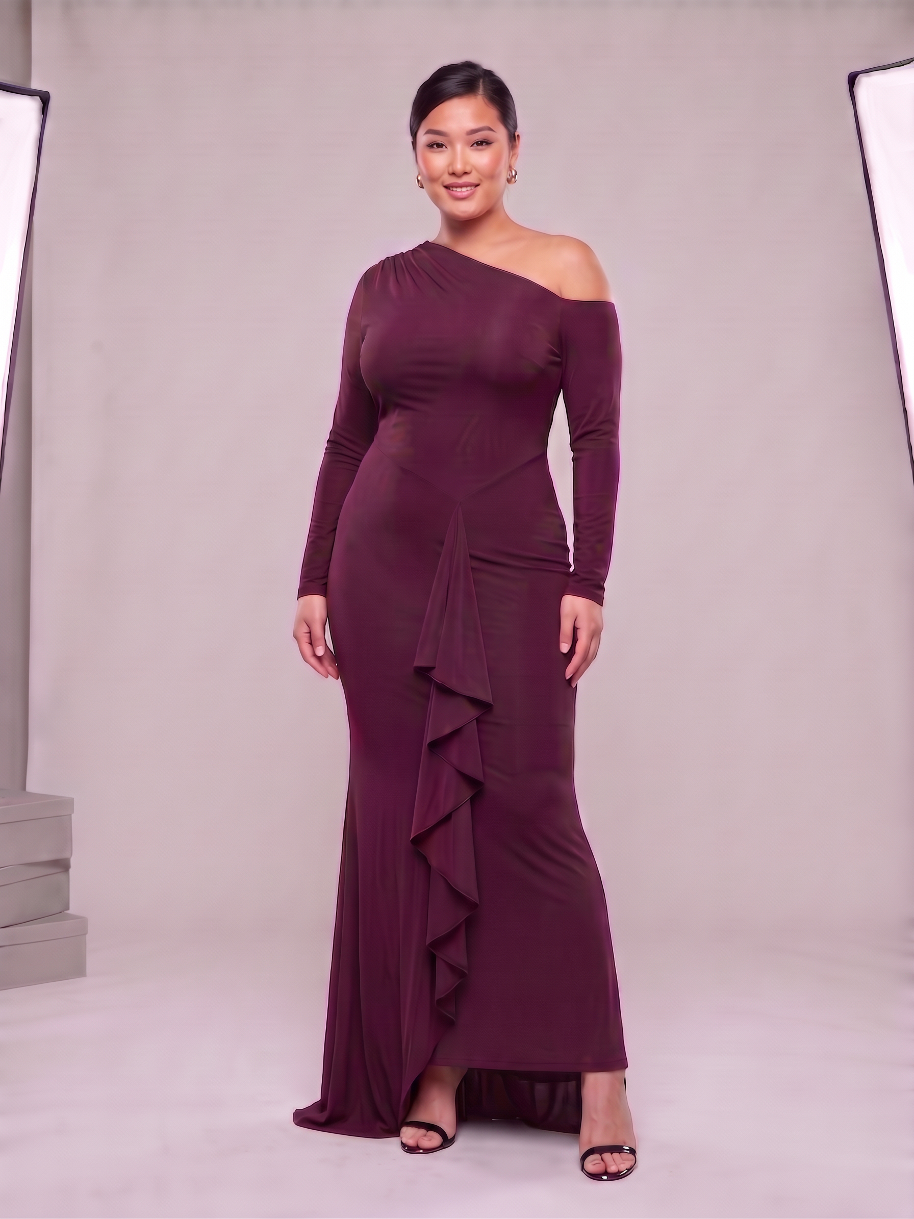 Club L London Clover Burgundy Asymmetric-Neck Wrapped Maxi Dress With Sash