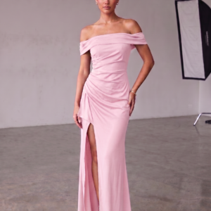 Off-Shoulder Draped Side-Slit Formal Gown