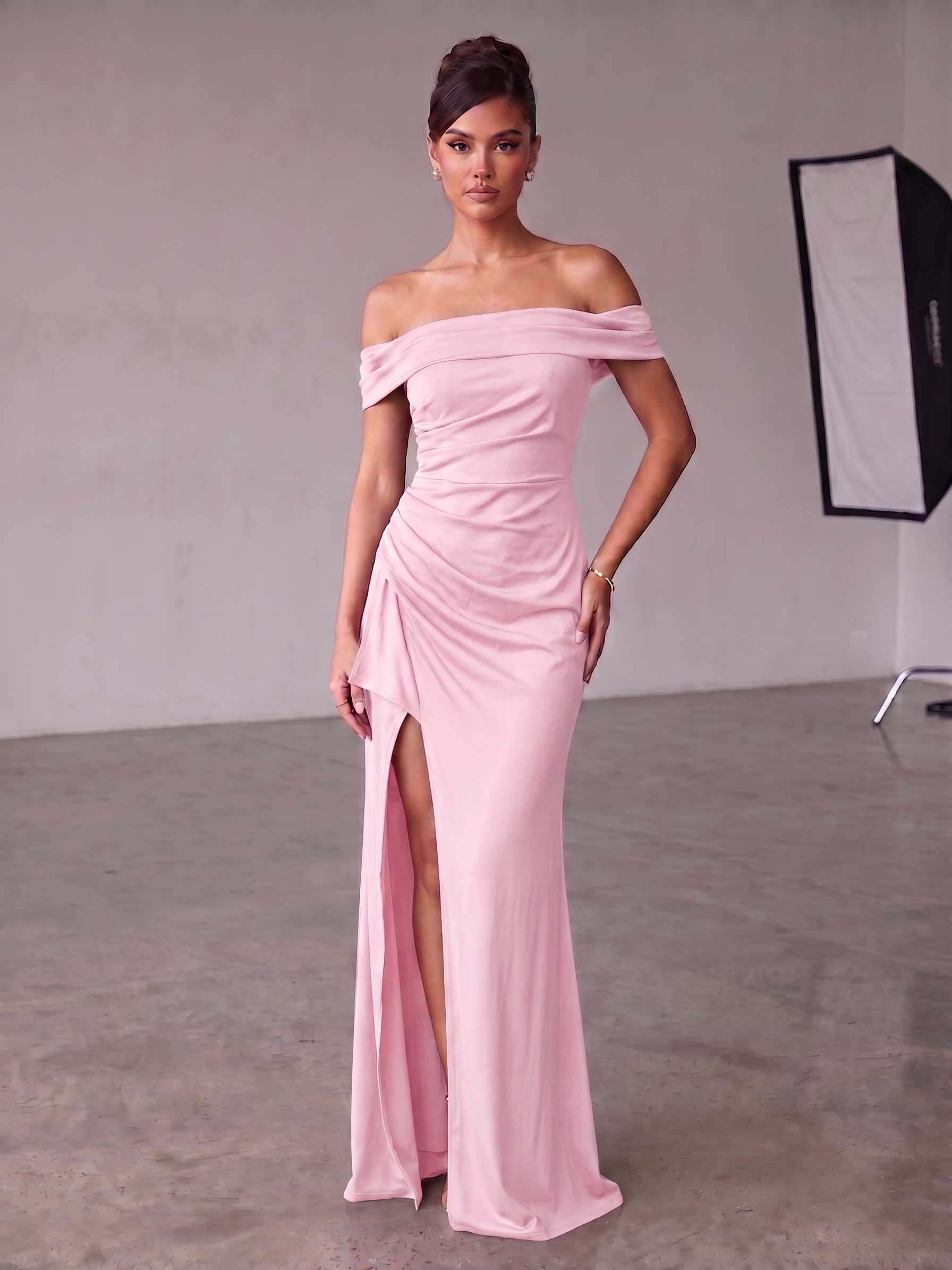 Off-Shoulder Draped Side-Slit Formal Gown