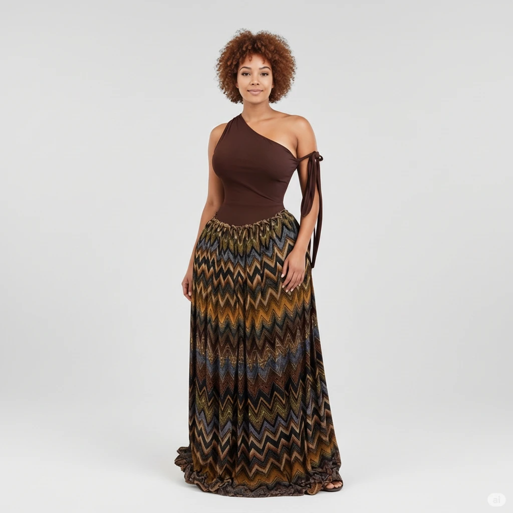 The Asha One-Shoulder Chevron Wave Maxi Set - Image 2