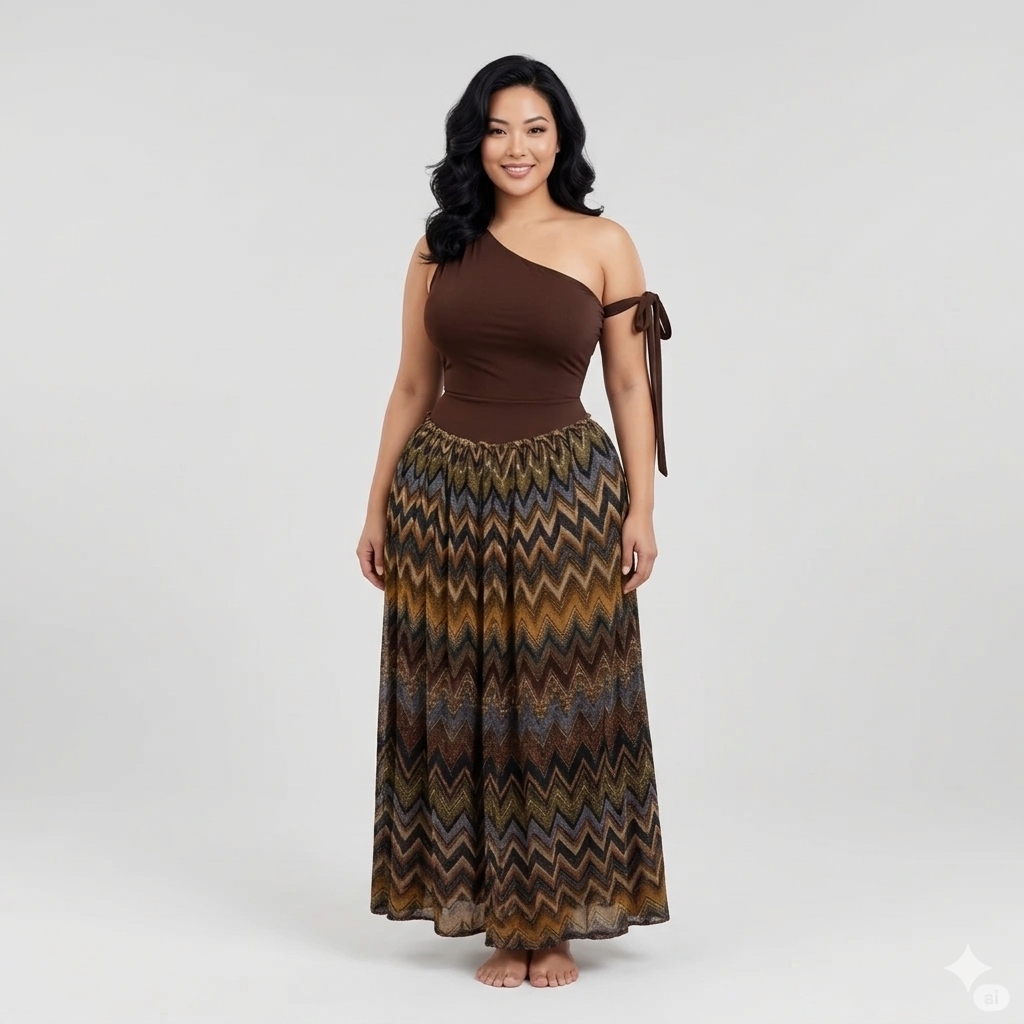 The Asha One-Shoulder Chevron Wave Maxi Set