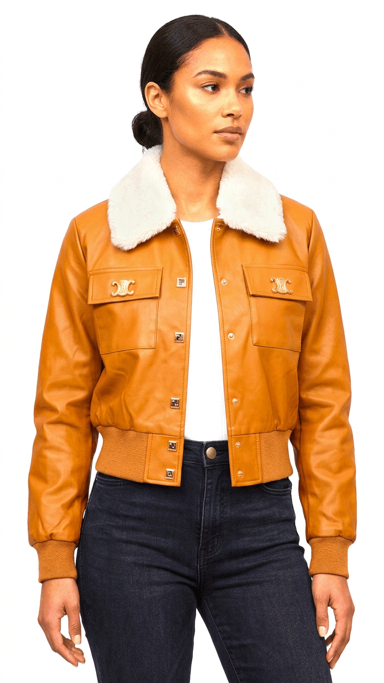 Collar Leather Bomber Jacket - Image 3