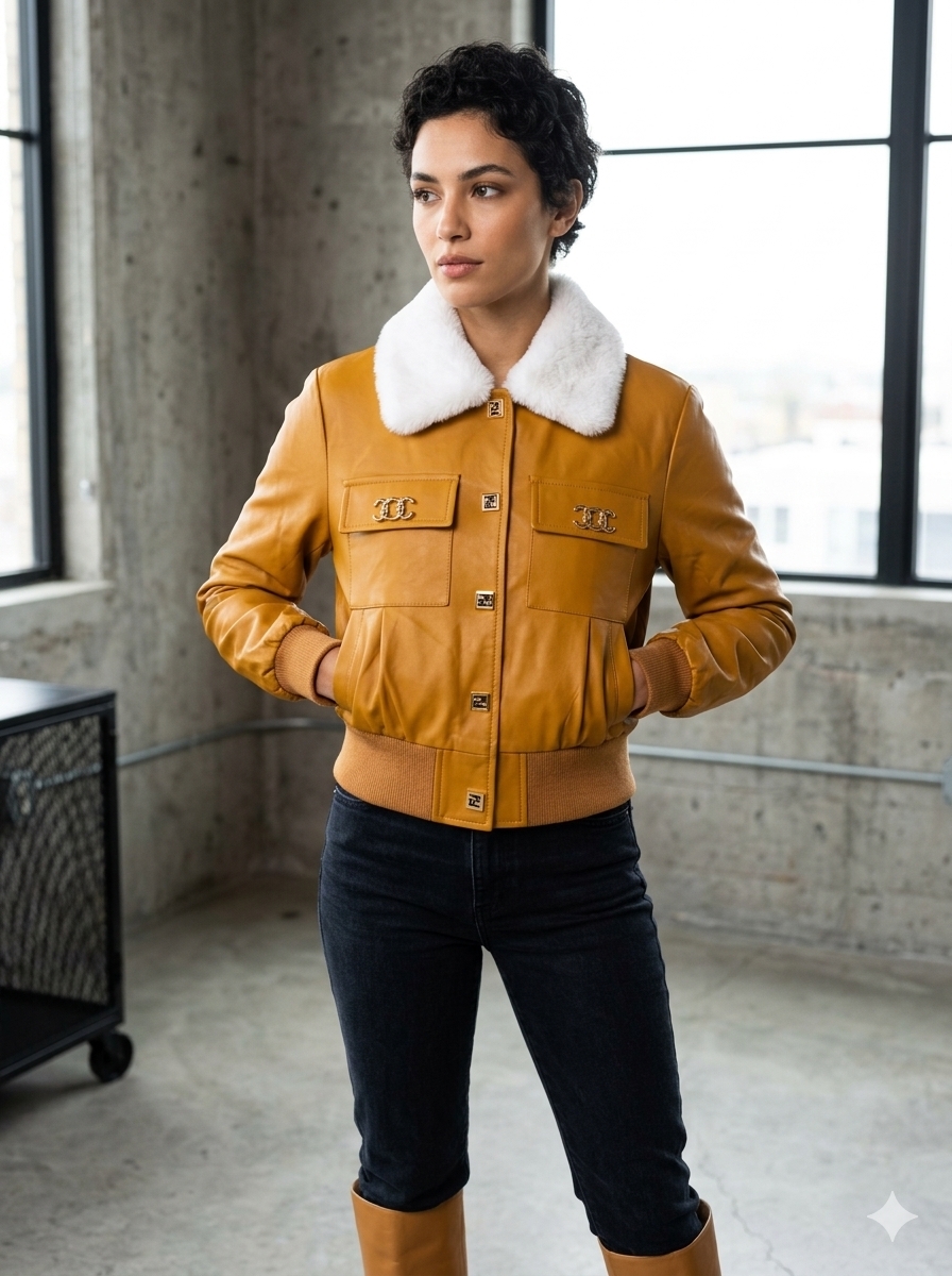 Collar Leather Bomber Jacket - Image 2