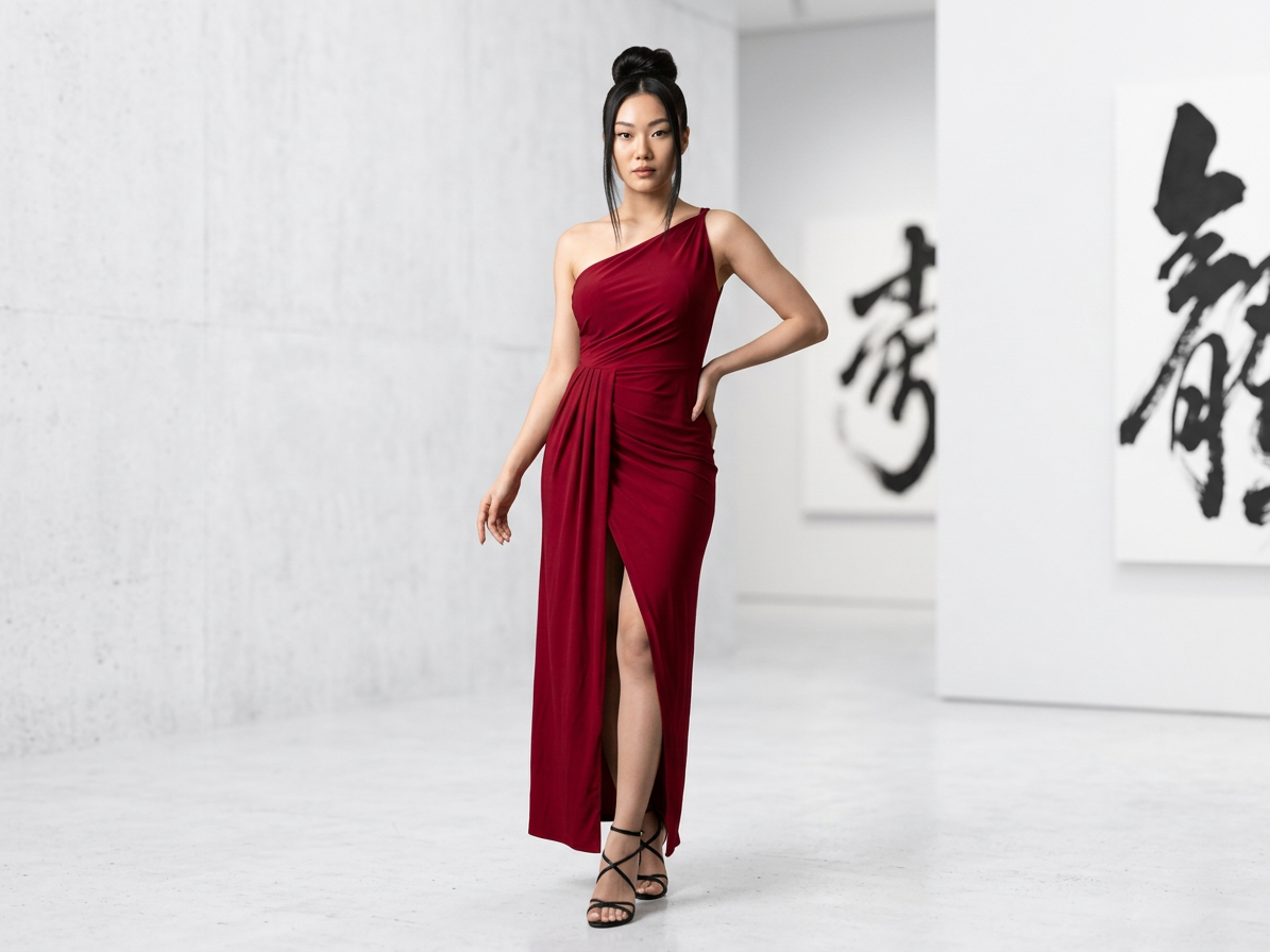 The One-Shoulder Draped Jersey Split Maxi