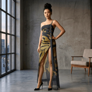 The Obsidian & Ochre Abstract Asymmetric Maxi Dress