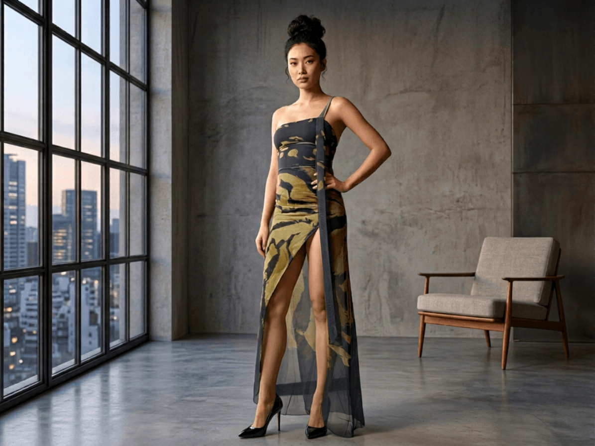 The Obsidian & Ochre Abstract Asymmetric Maxi Dress