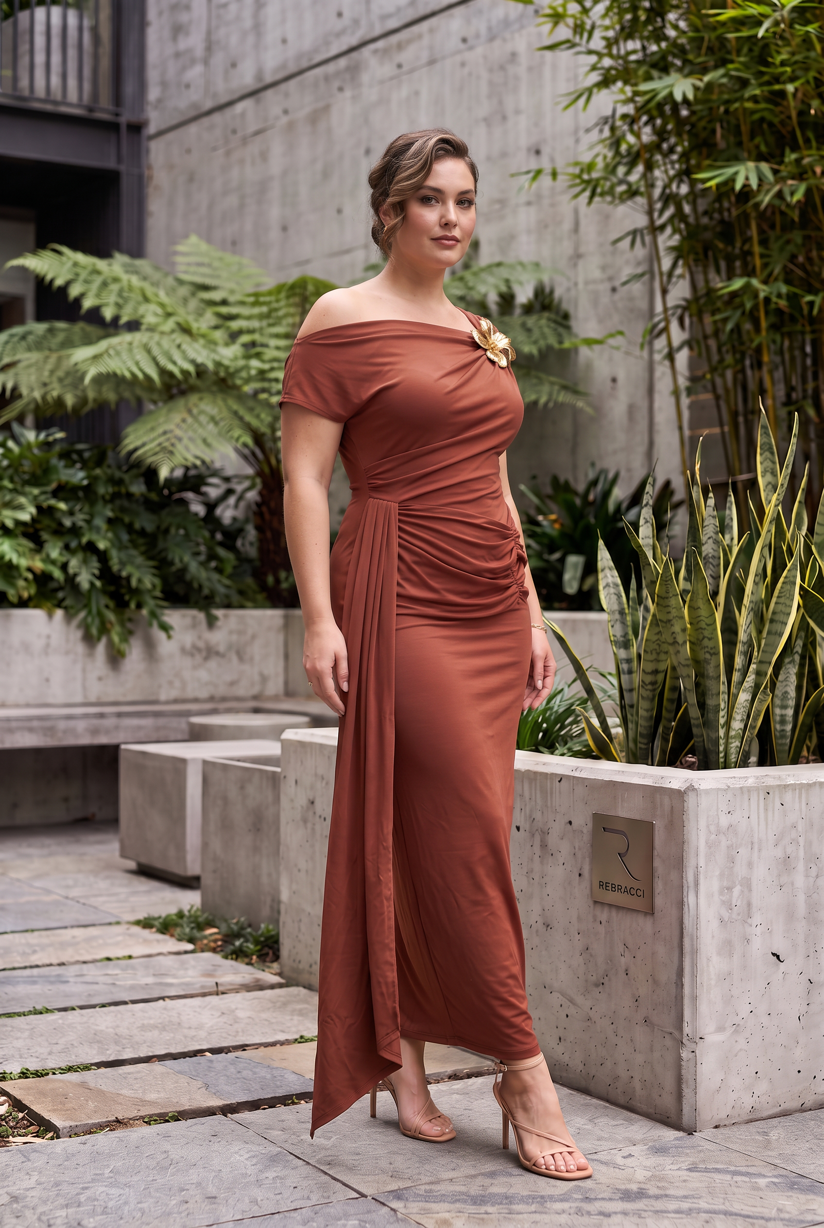 The Terracotta Asymmetric Brooch Maxi Dress - Image 6