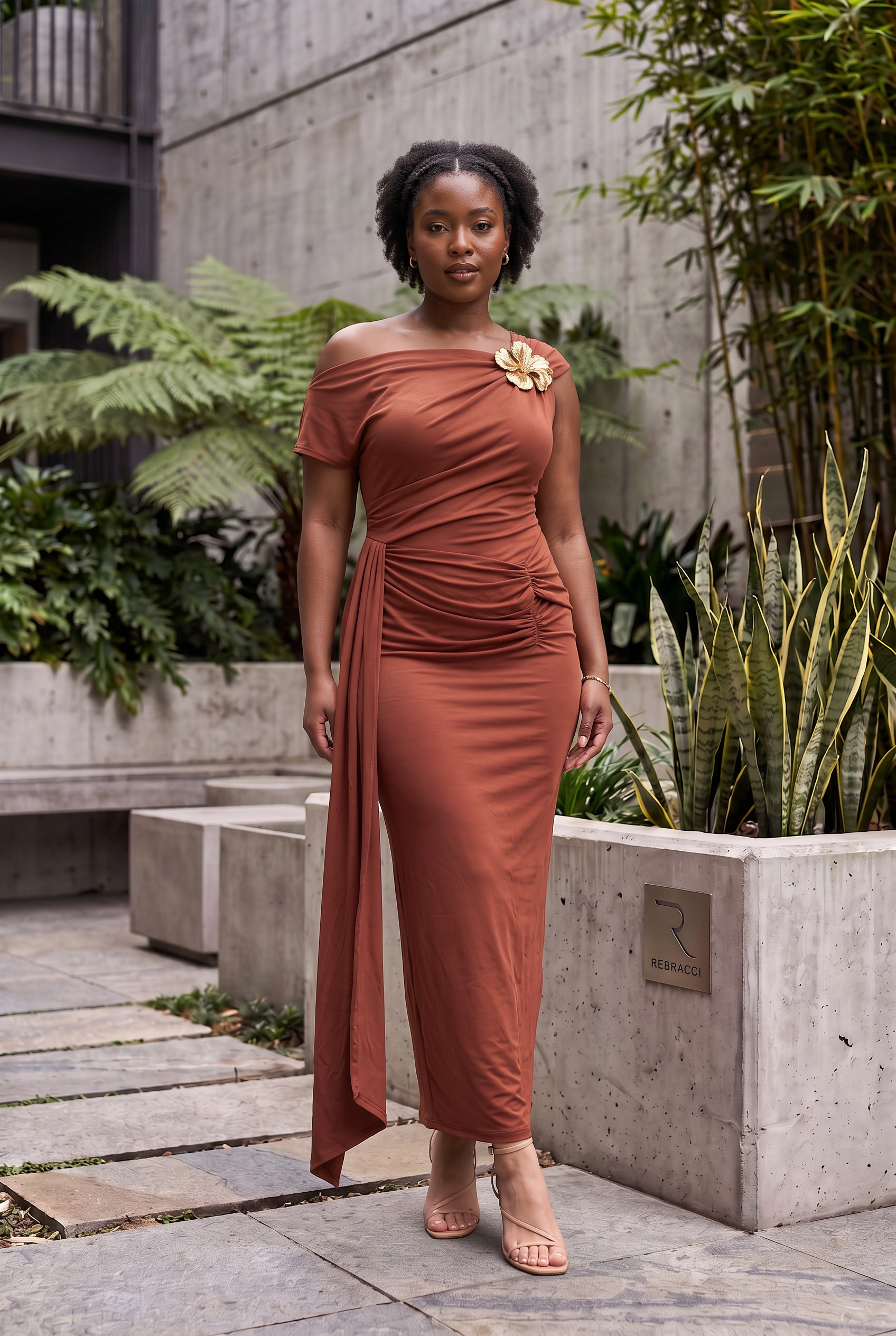 The Terracotta Asymmetric Brooch Maxi Dress - Image 4