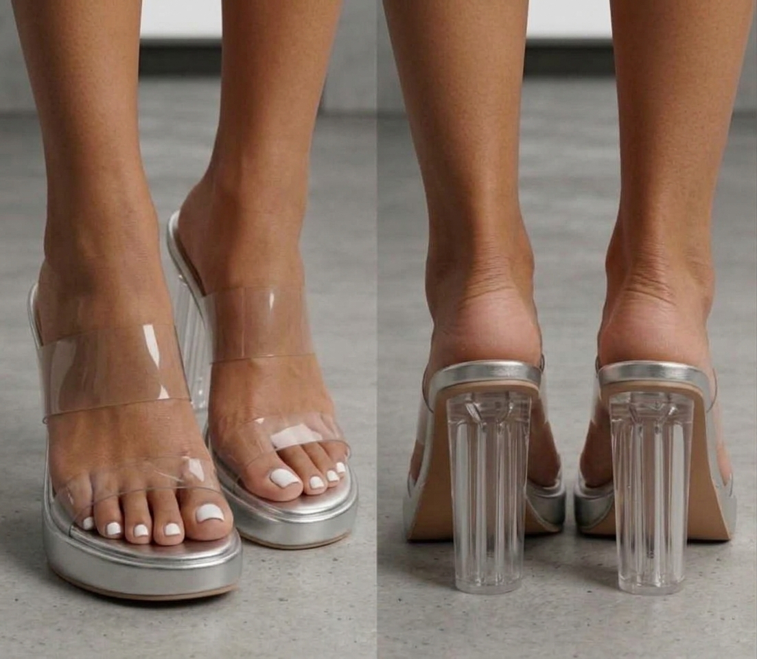 Round-Toe Clear Strap Mule Heels Clear Sculpted Heel Open-Toe Mules - Image 2